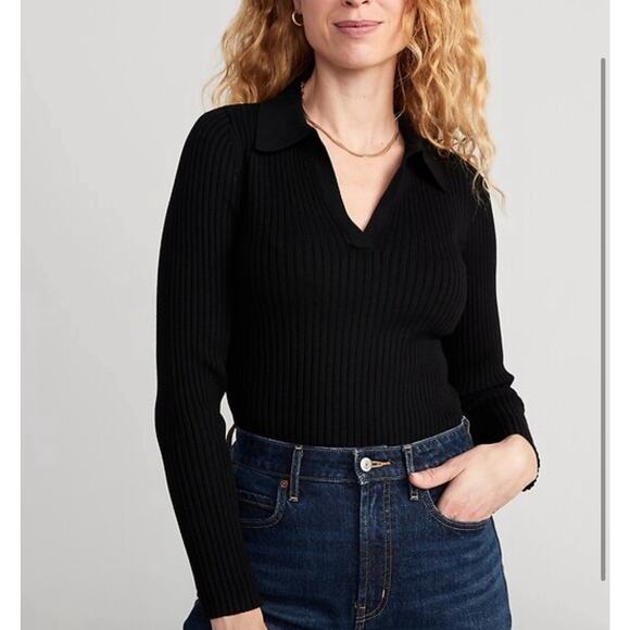 NWT Old Navy Rib-Knit Collared Sweater Black Long Sleeve Size NEW Medium - Picture 1 of 7